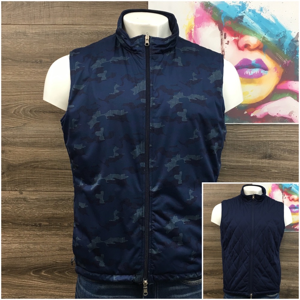 Peter Millar All Day Reversible Vest Mens Large Navy Camo Quilted Full Zip Gilet